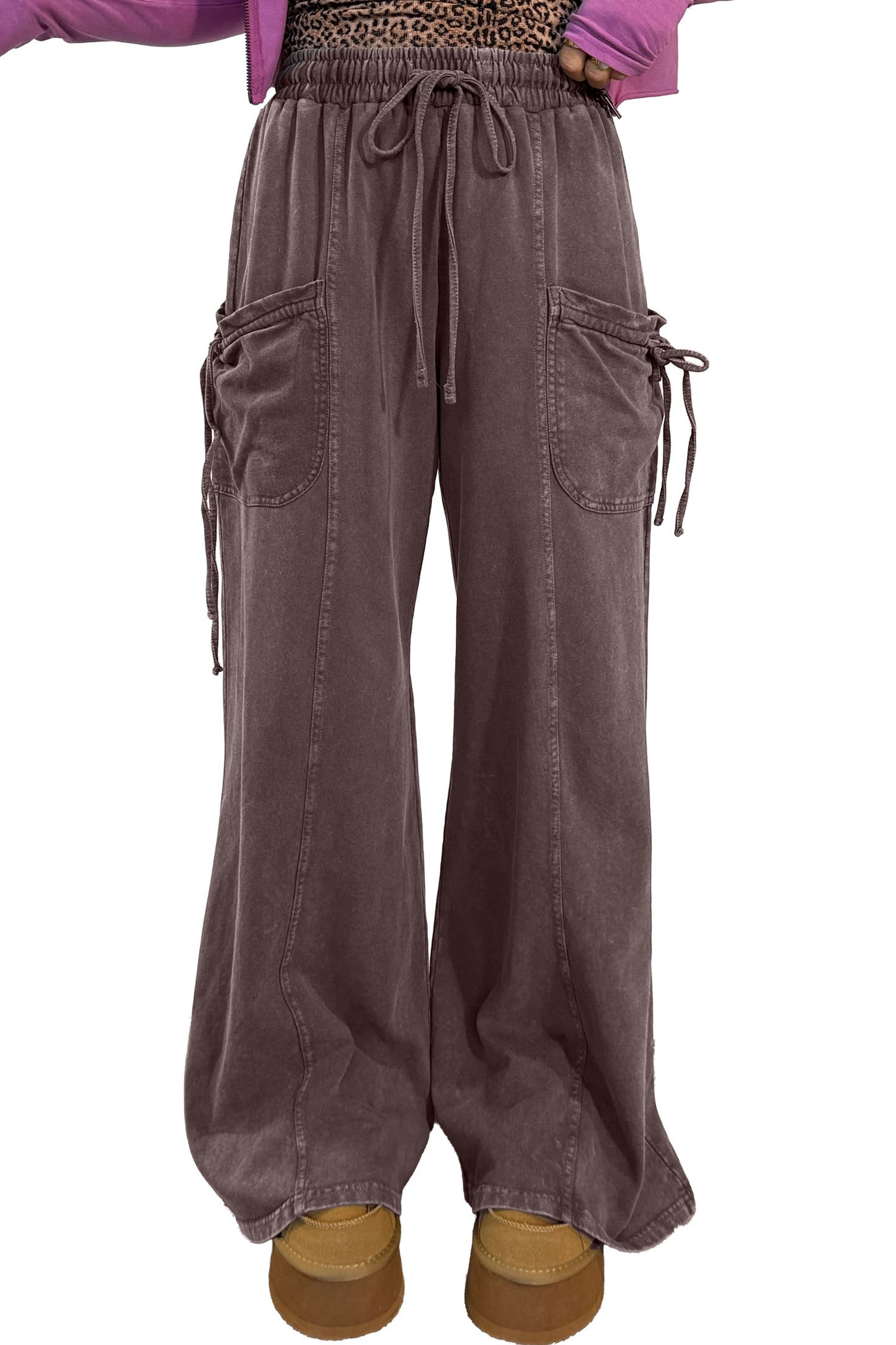 Dark Brown Cotton Mineral Wash Elastic Waist Drawstring Tie Detail Cargo Pants