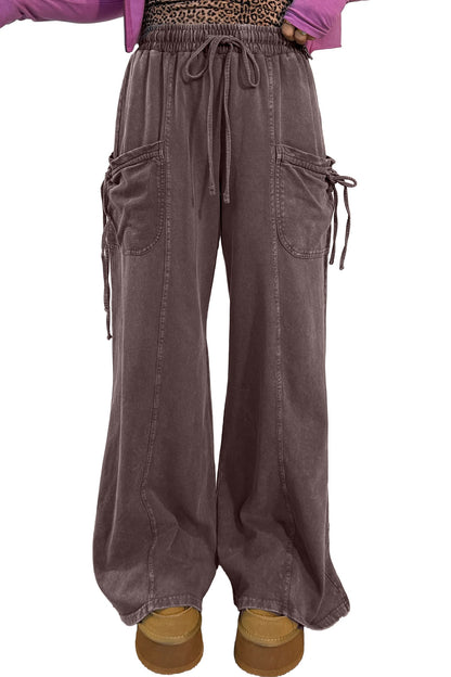 Dark Brown Cotton Mineral Wash Elastic Waist Drawstring Tie Detail Cargo Pants
