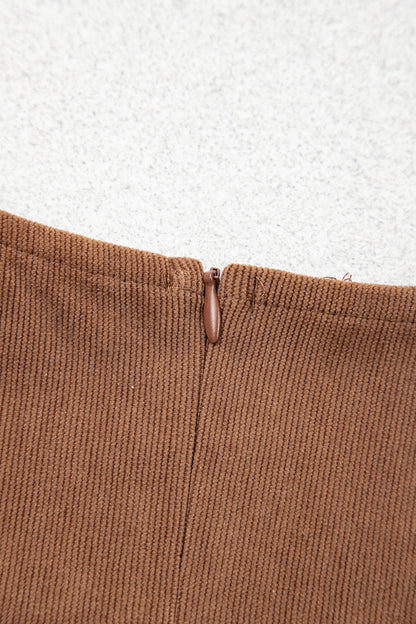 Coffee Geometric Embroidery Sleeveless Corduroy Shift Dress