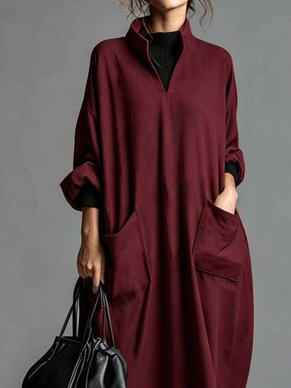 Full Size Loose-Fit Mock Neck Midi Dress with Pockets Plus Size