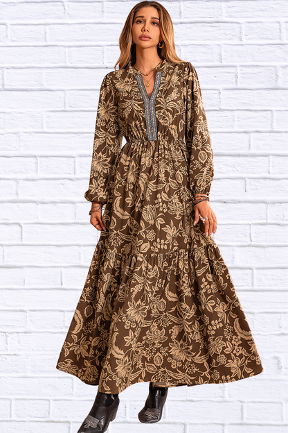 Taupe Ruched Printed Notched Long Sleeve Maxi Dress