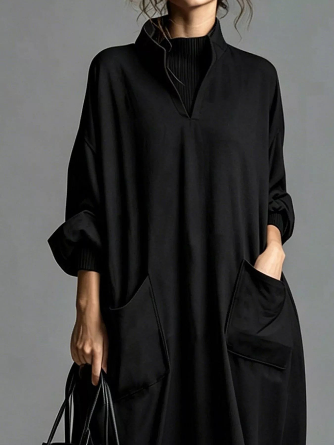 Full Size Loose-Fit Mock Neck Midi Dress with Pockets Plus Size
