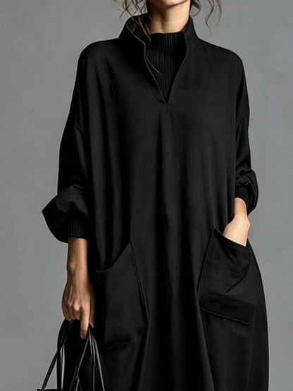 Full Size Loose-Fit Mock Neck Midi Dress with Pockets Plus Size