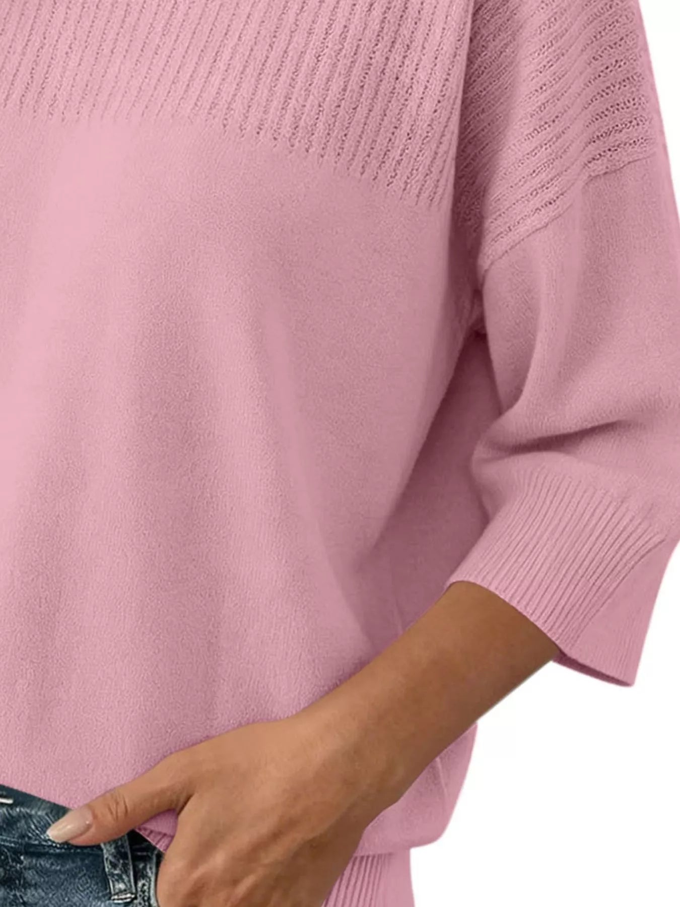 Elegant Crew Neck Eyelet Ribbed Sweater
