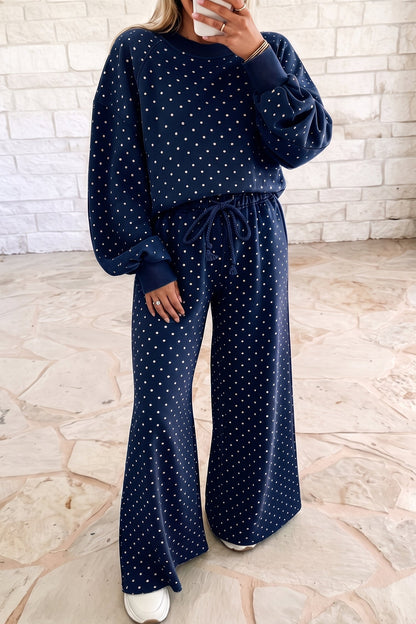 Brown Polka Dot Drawstring Wide Leg Long Sleeve Top Pant Set