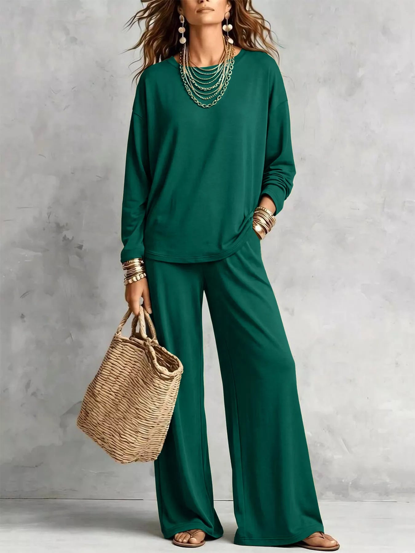 Round Neck T-Shirt and Wide-Leg Pants Set