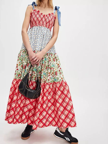 Smocked Tie Shoulder Printed Maxi Dress