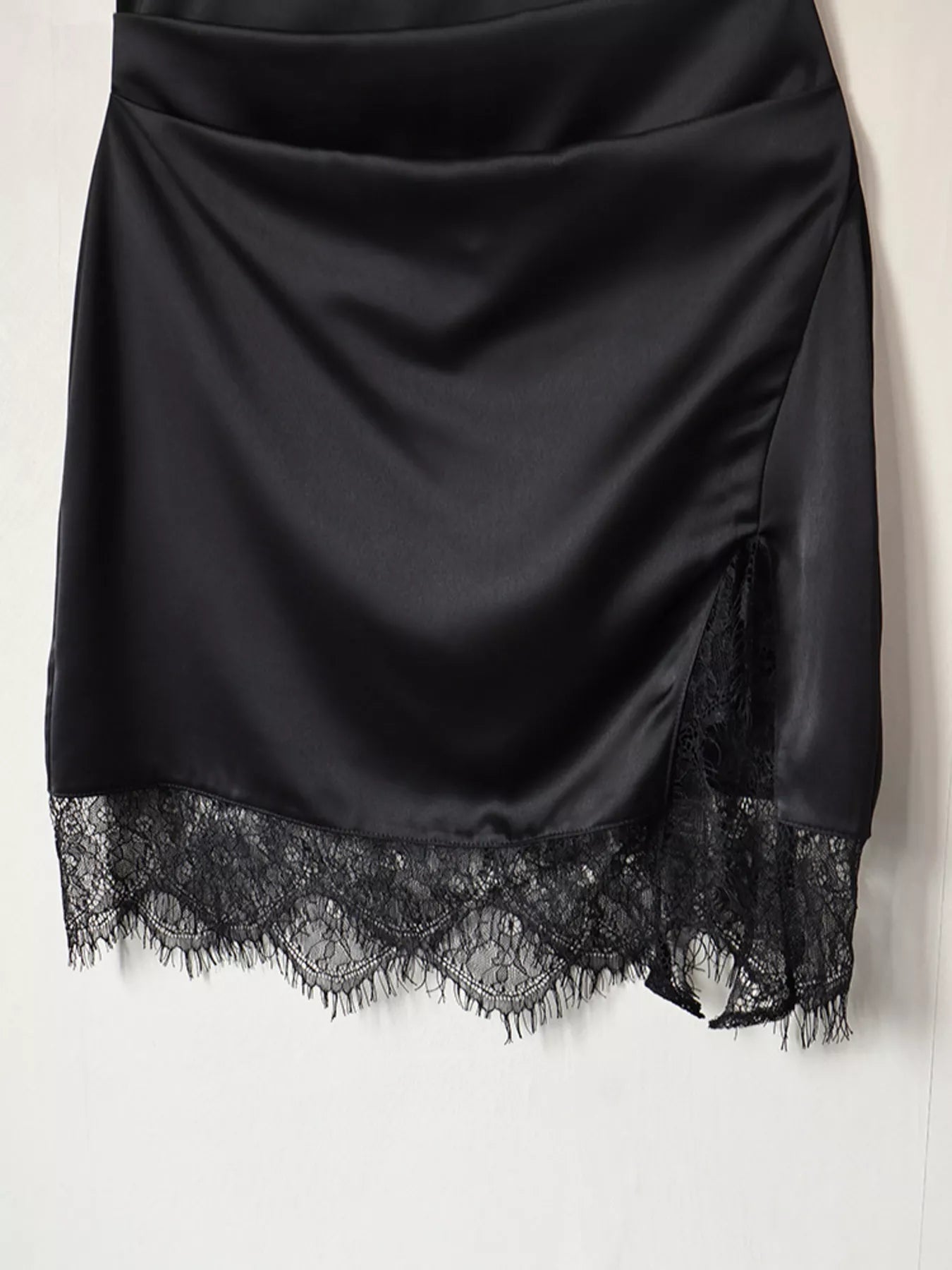 Satin Mock Neck Sleeveless Mini Dress with Lace Hem