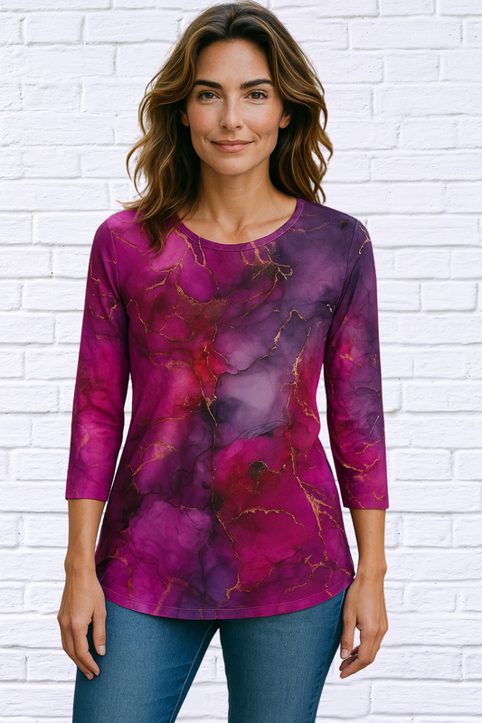 Three-Quarter Sleeve Marble Crew Neck T-Shirt