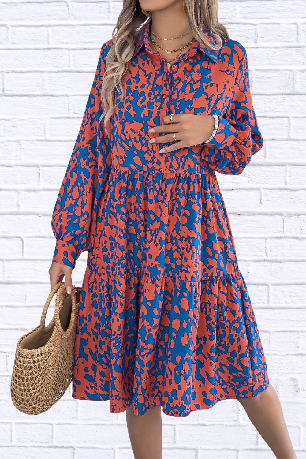 Printed Collared Neck Buttoned Tiered Long Sleeve Dress