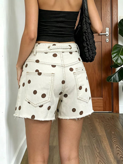 Polka Dot Denim Shorts with Braided Drawstring