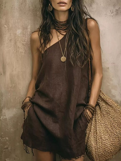 One-Shoulder Mini Dress with Frayed Hem