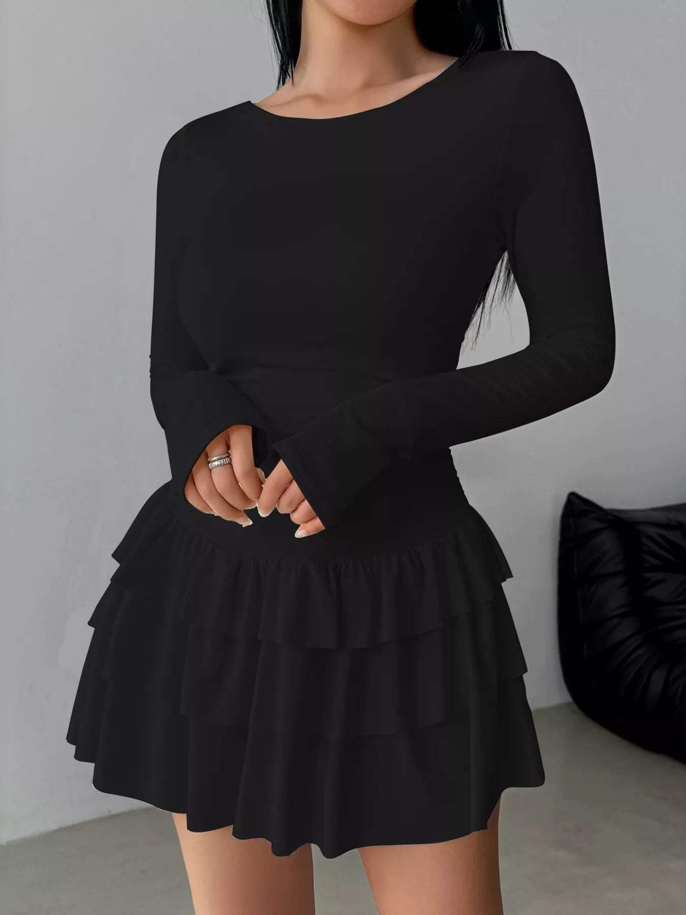 Elara's Ruched Long Sleeve Layered Ruffle Mini Dress