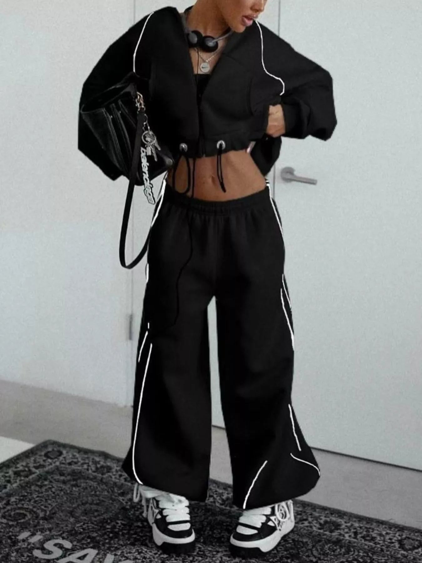 Cropped Zip-Up Hoodie and Wide-Leg Sweatpants Lounge Set