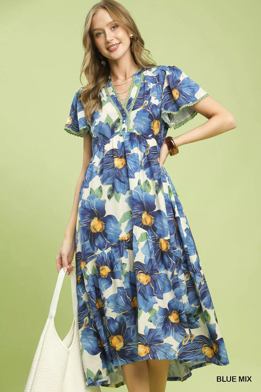 Umgee Tropical Floral V-Neck Flutter Sleeve Tiered Midi Dress