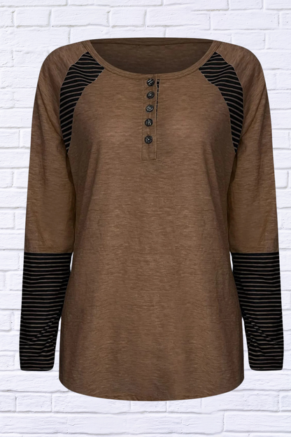 Full Size Striped Quarter Button Long Sleeve T-Shirt