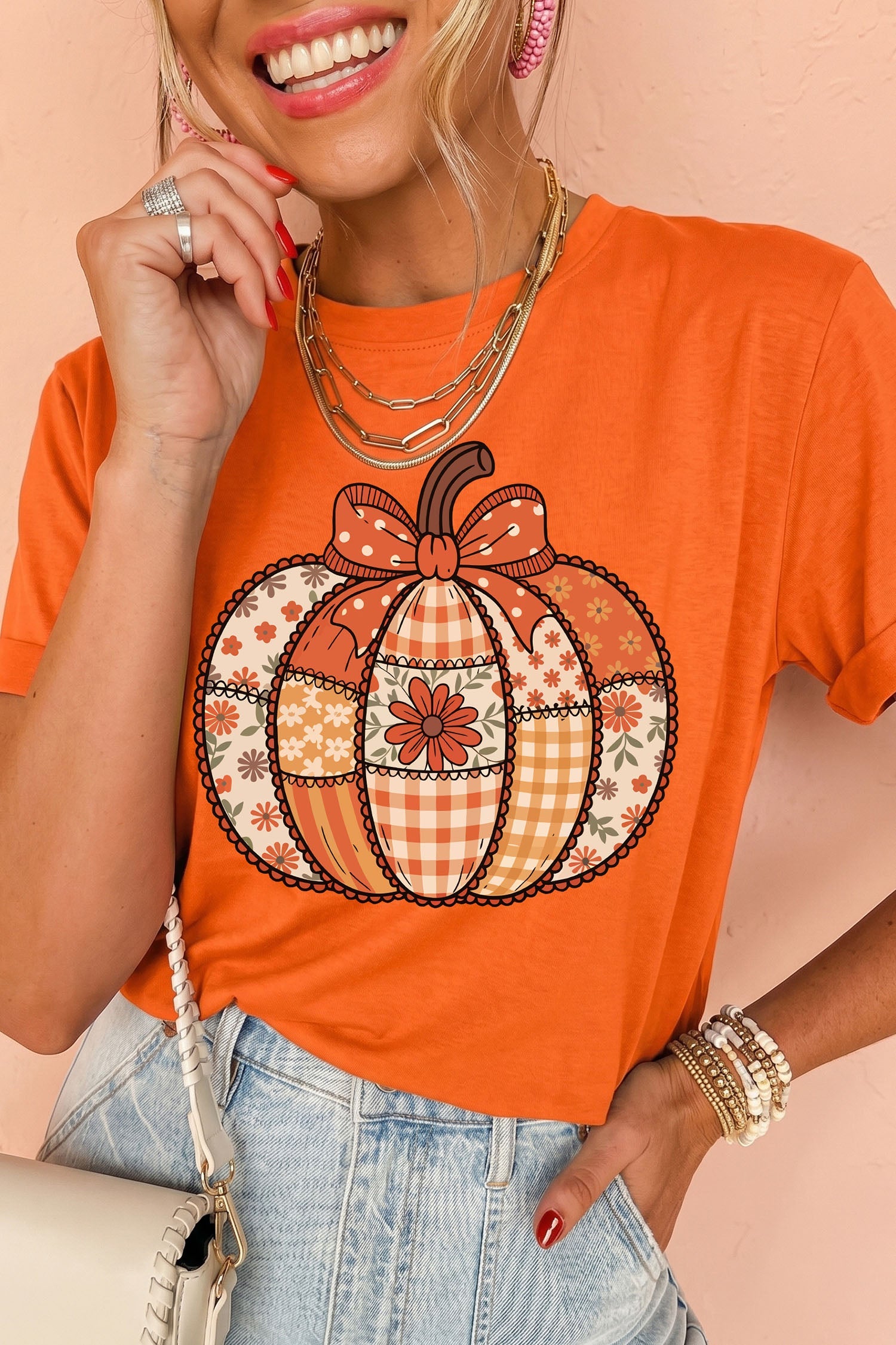 Orange Patchwork Pumpkin Graphic Print Crewneck T-Shirt