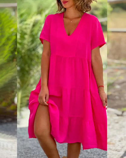 V-neck Solid Color A Line Dress