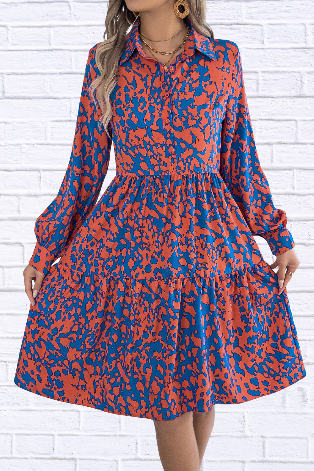 Printed Collared Neck Buttoned Tiered Long Sleeve Dress