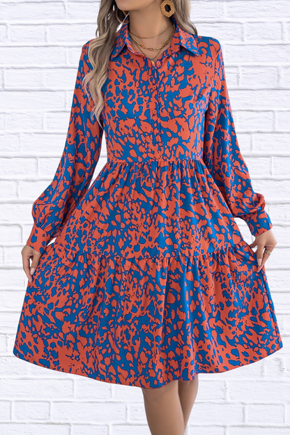 Printed Collared Neck Buttoned Tiered Long Sleeve Dress