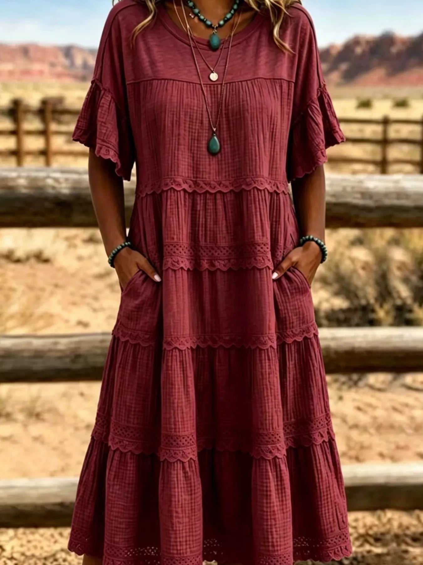Plus Size Tiered Ruffle Sleeve Midi Dress with Pockets