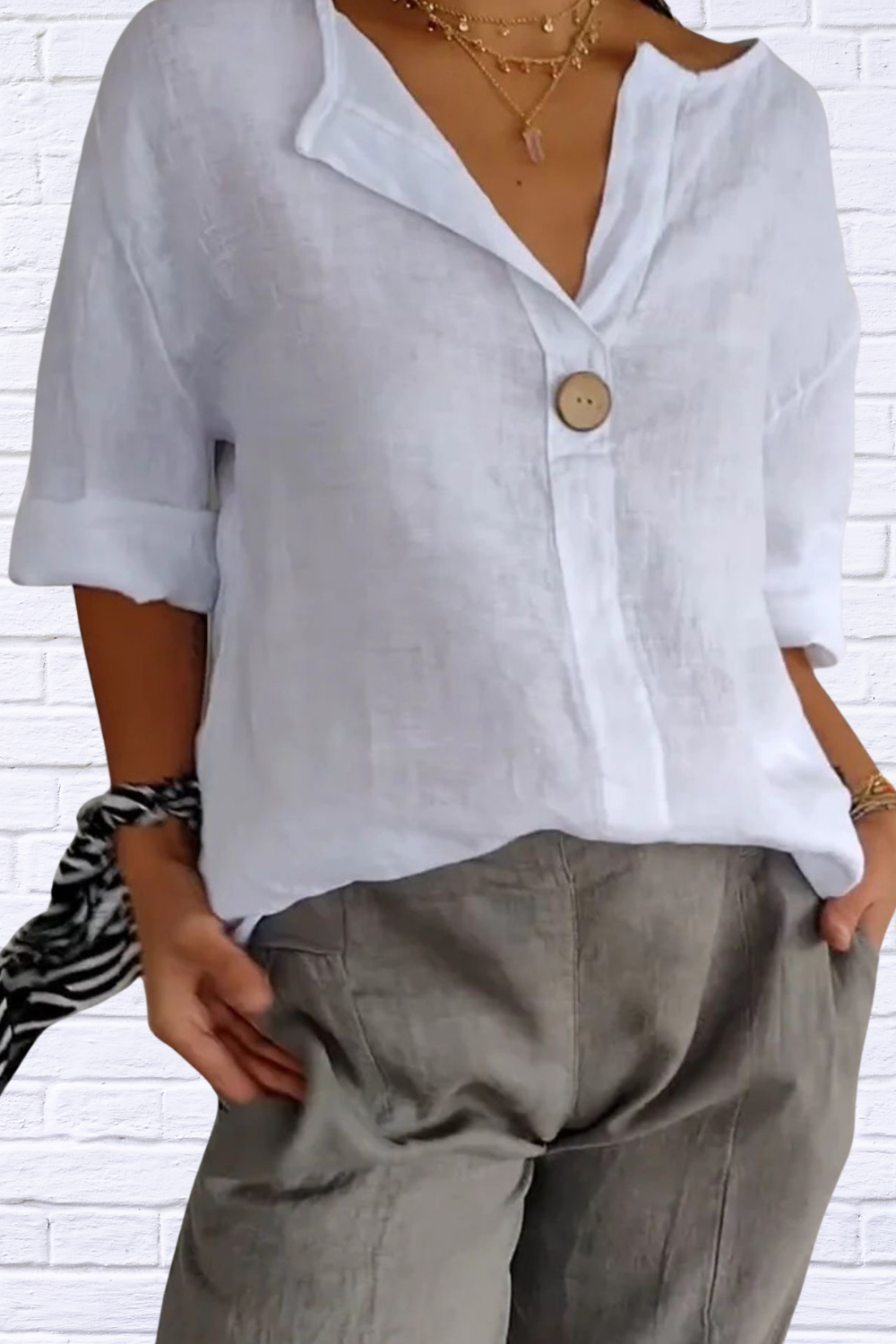 Full Size Linen Blend Notched Blouse Plus Size