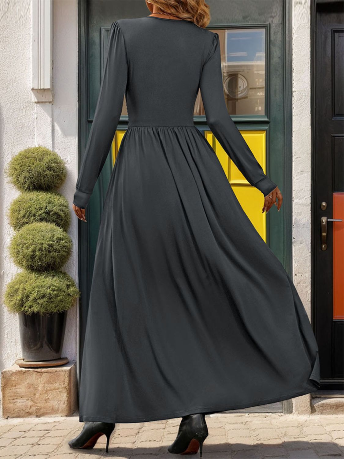 Blue Zone Planet | Lace Detail Slit V-Neck Long Sleeve Dress