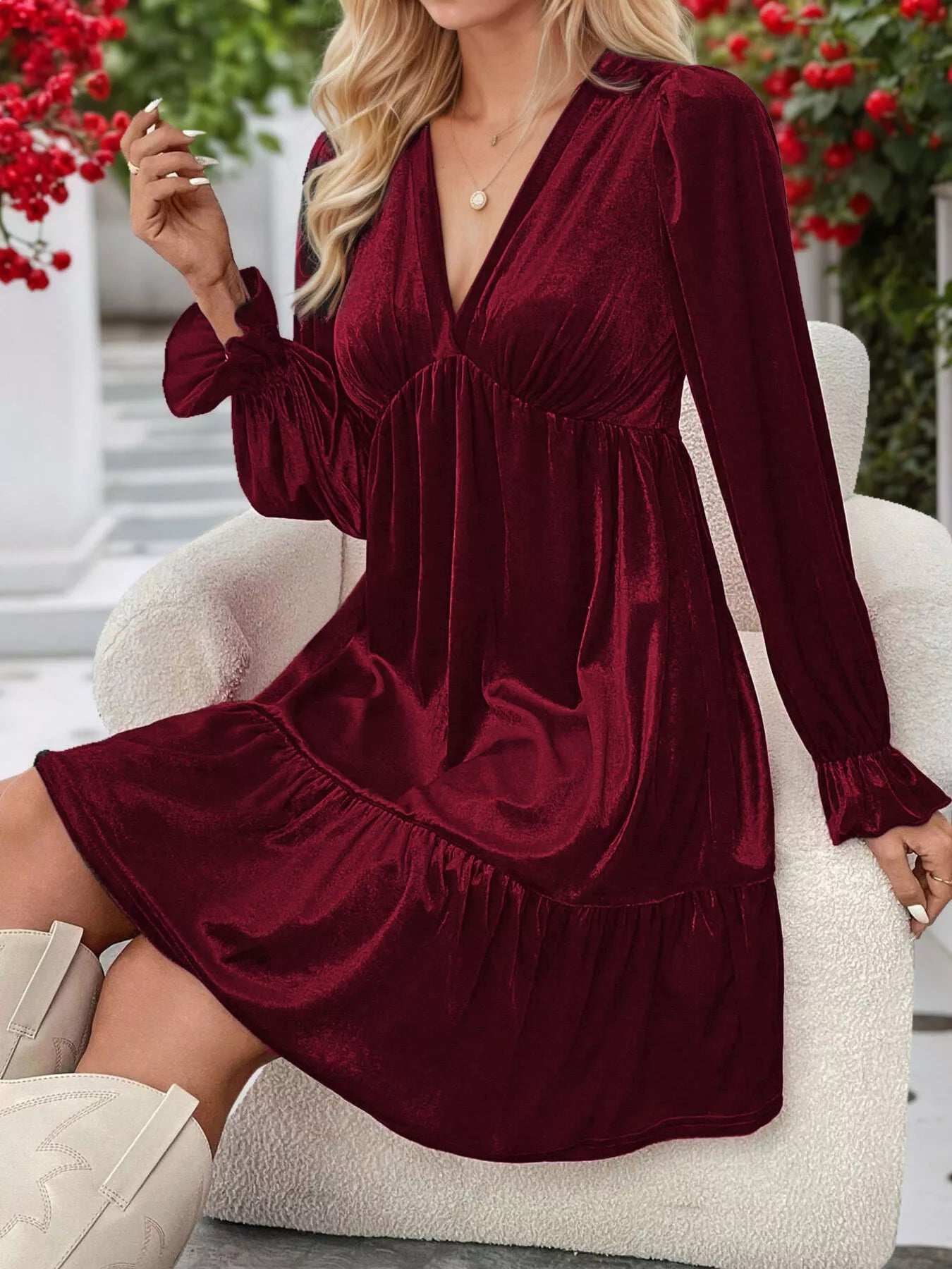 Velvet V-Neck Long Sleeve Ruffle Hem Mini Dress