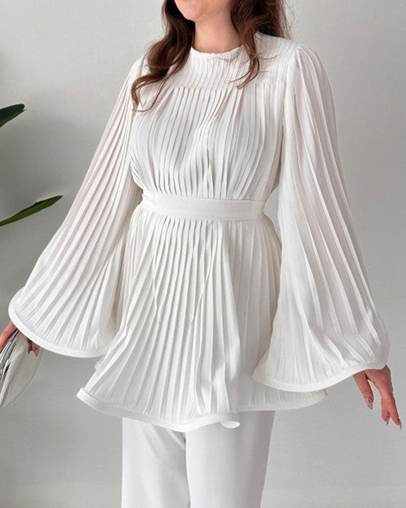 Fashion Round Neck Bat Sleeve Pleated Large Swing Top Suit