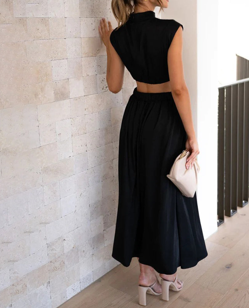 Chic Stand Collar Solid Color Sexy Waist Midi Dress