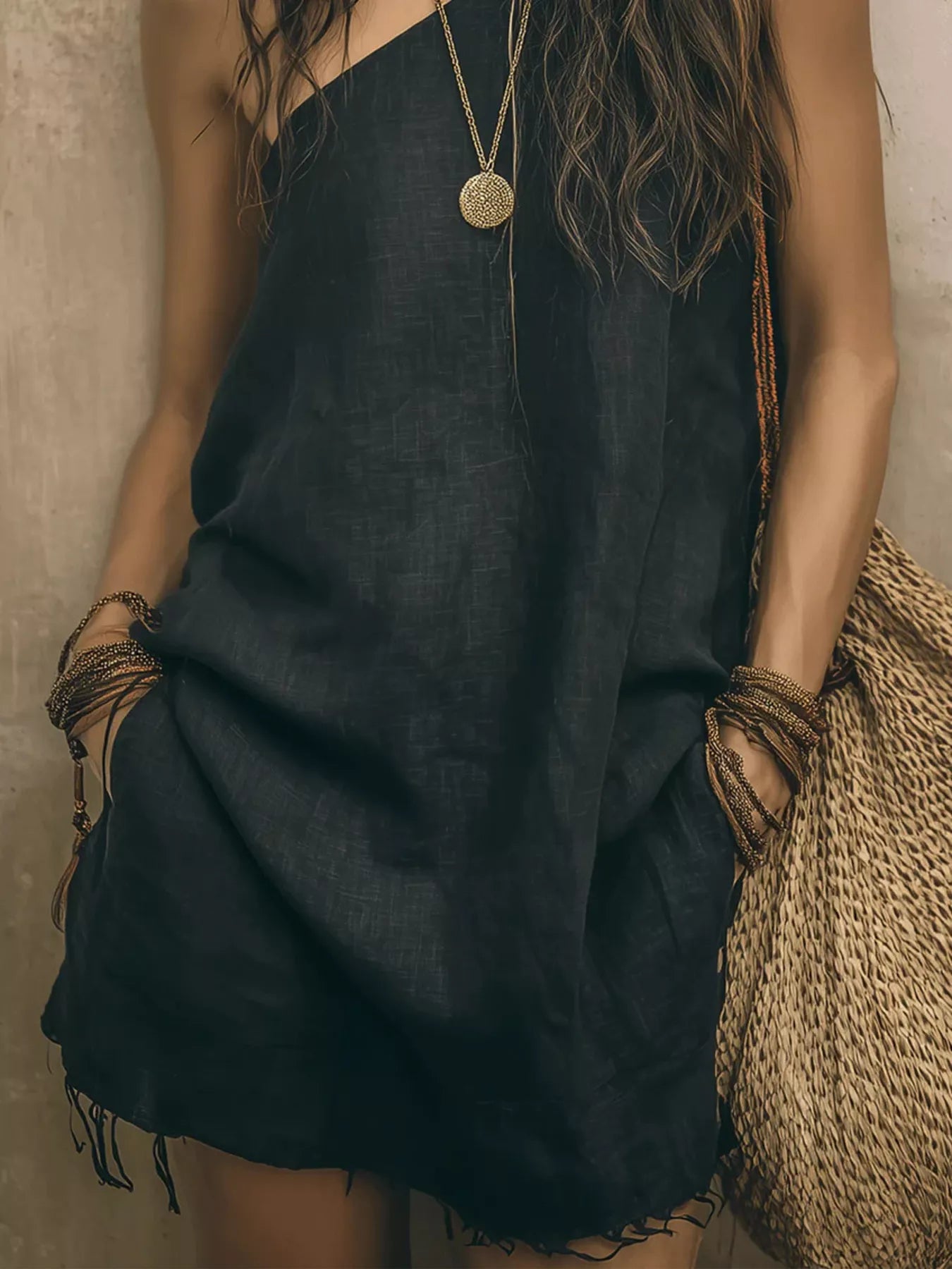 One-Shoulder Mini Dress with Frayed Hem