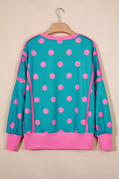 Polka Dot Contrast Patchwork Round Neck Baggy Sweatshirt