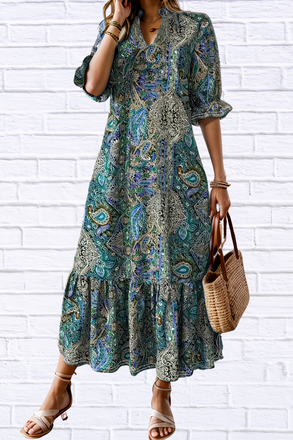 Bohemian Paisley Print Ruffle Hem Midi Dress