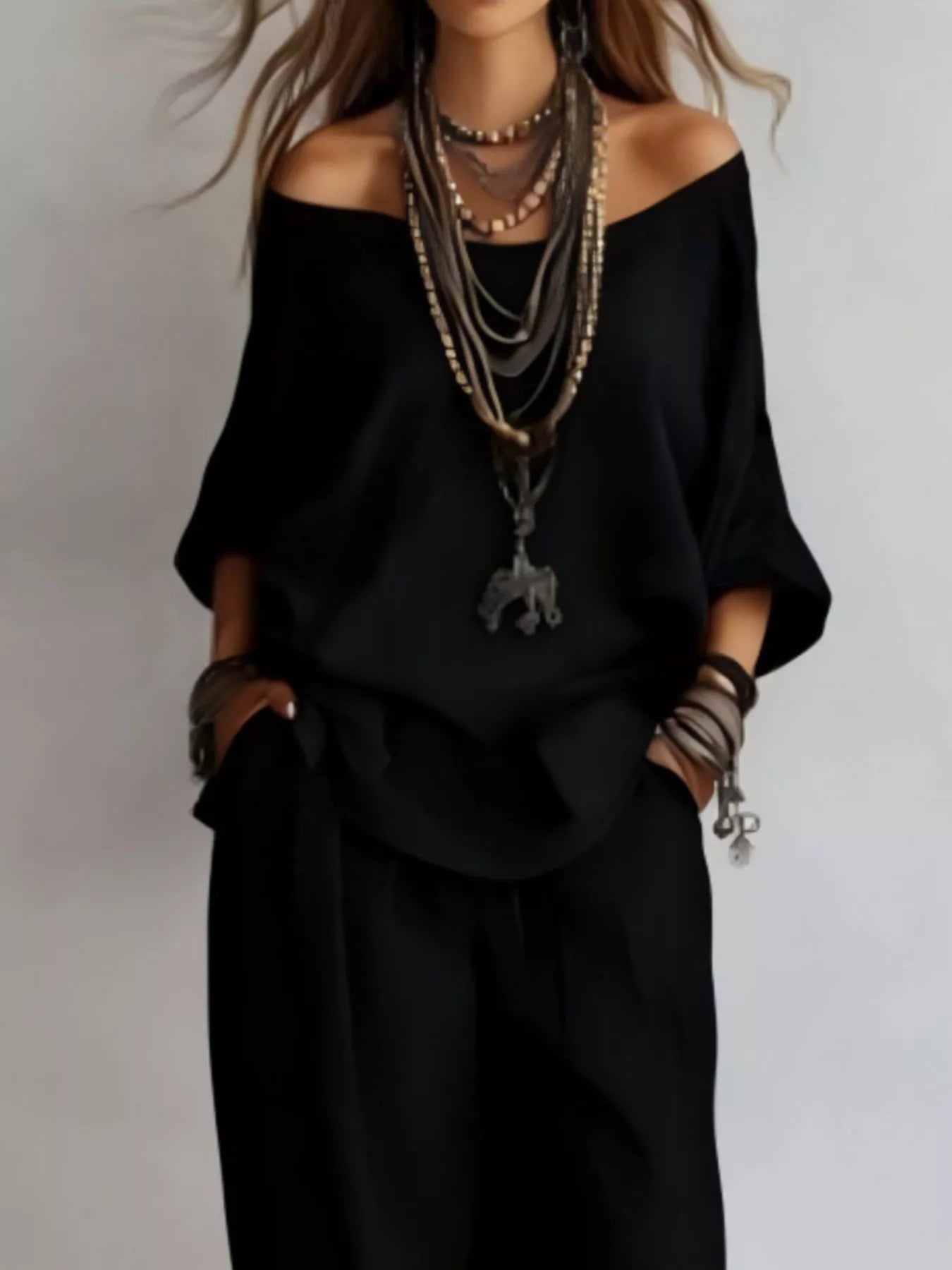 Off-Shoulder Loose Fit Top and Pants Two-Piece Set