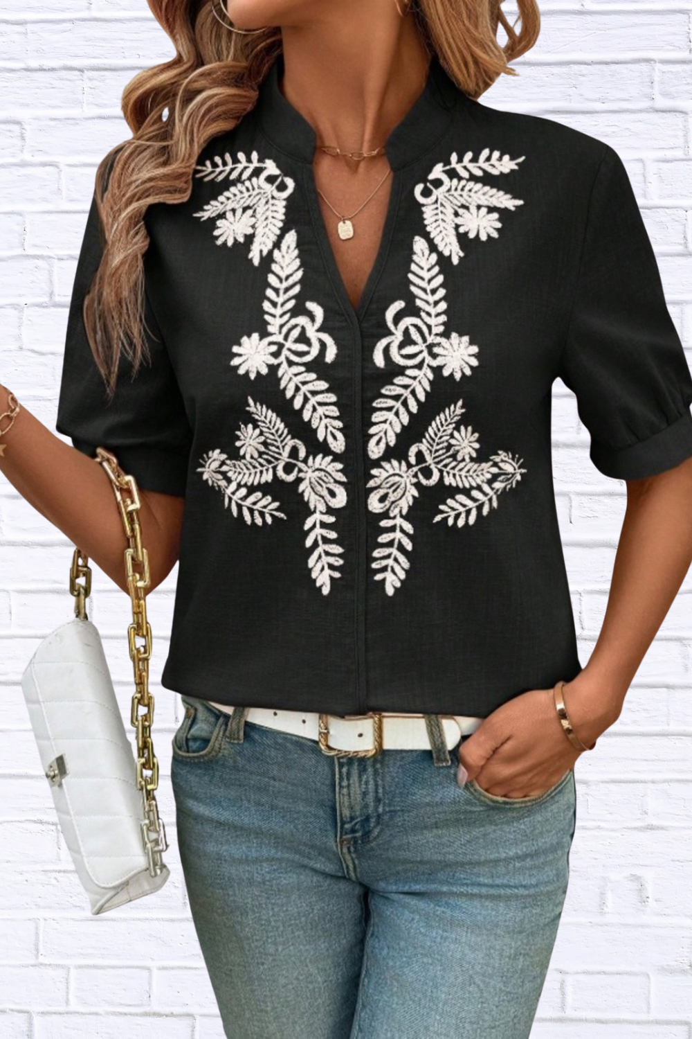 Embroidered Notched Neck Blouse for Women | Black Short Sleeve Floral