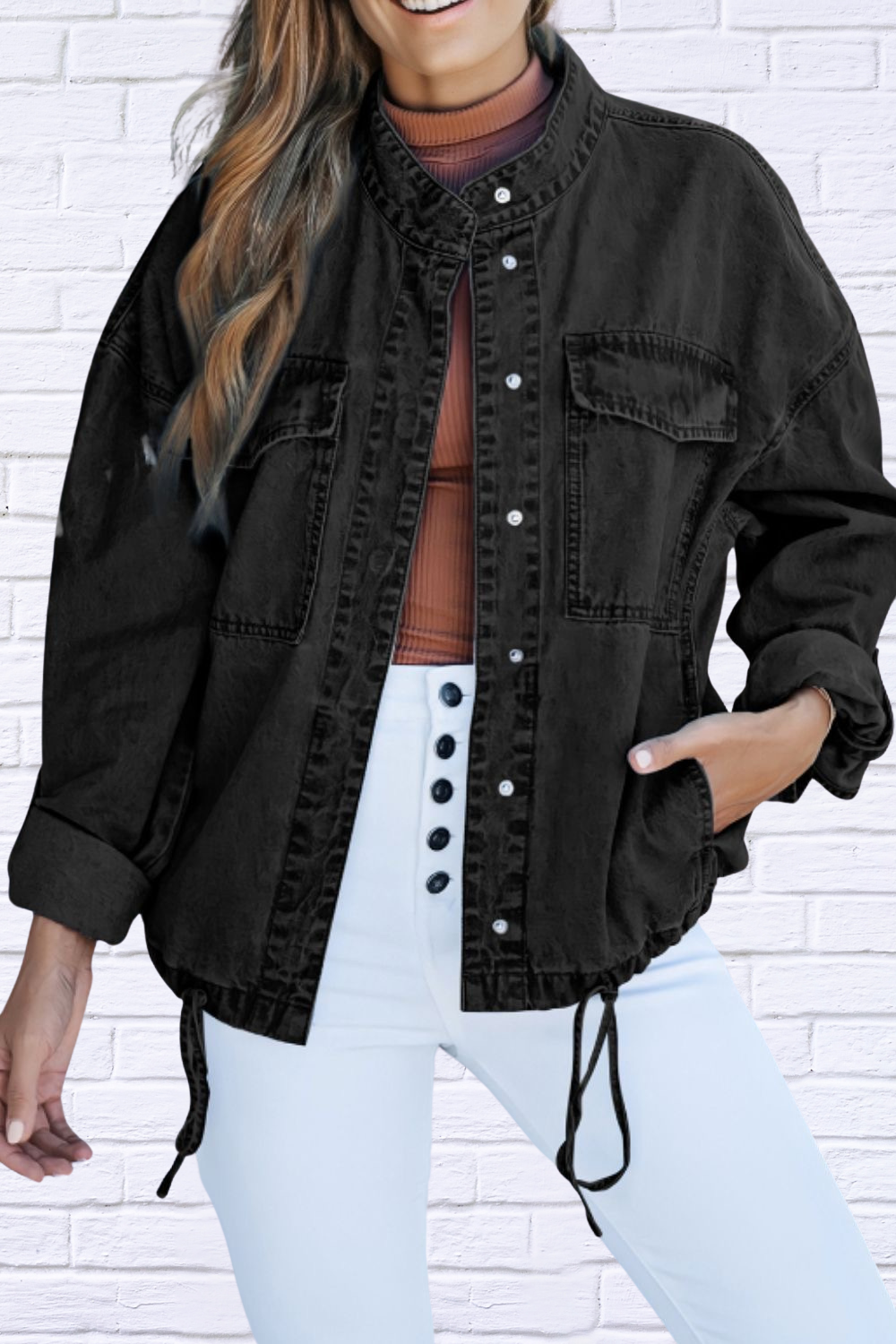 Drawstring Snap Down Denim Jacket with Chest Pockets