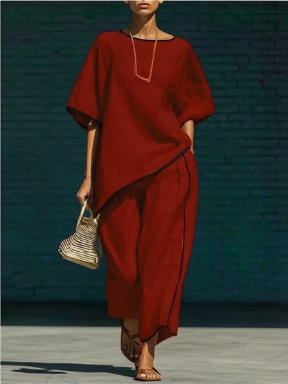 Contrast Trim Round Neck Top and Pants Set