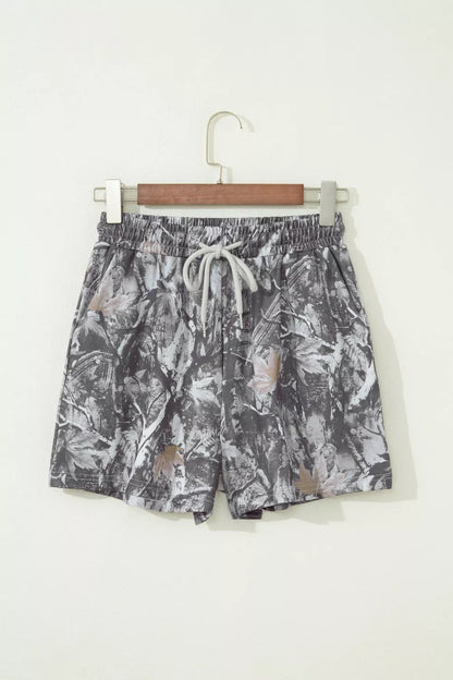 Abstract Maple Leaf Printed Tie Elastic Waist Shorts