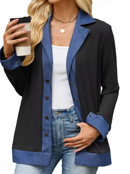 Contrast Denim Lapel Collar Outerwear
