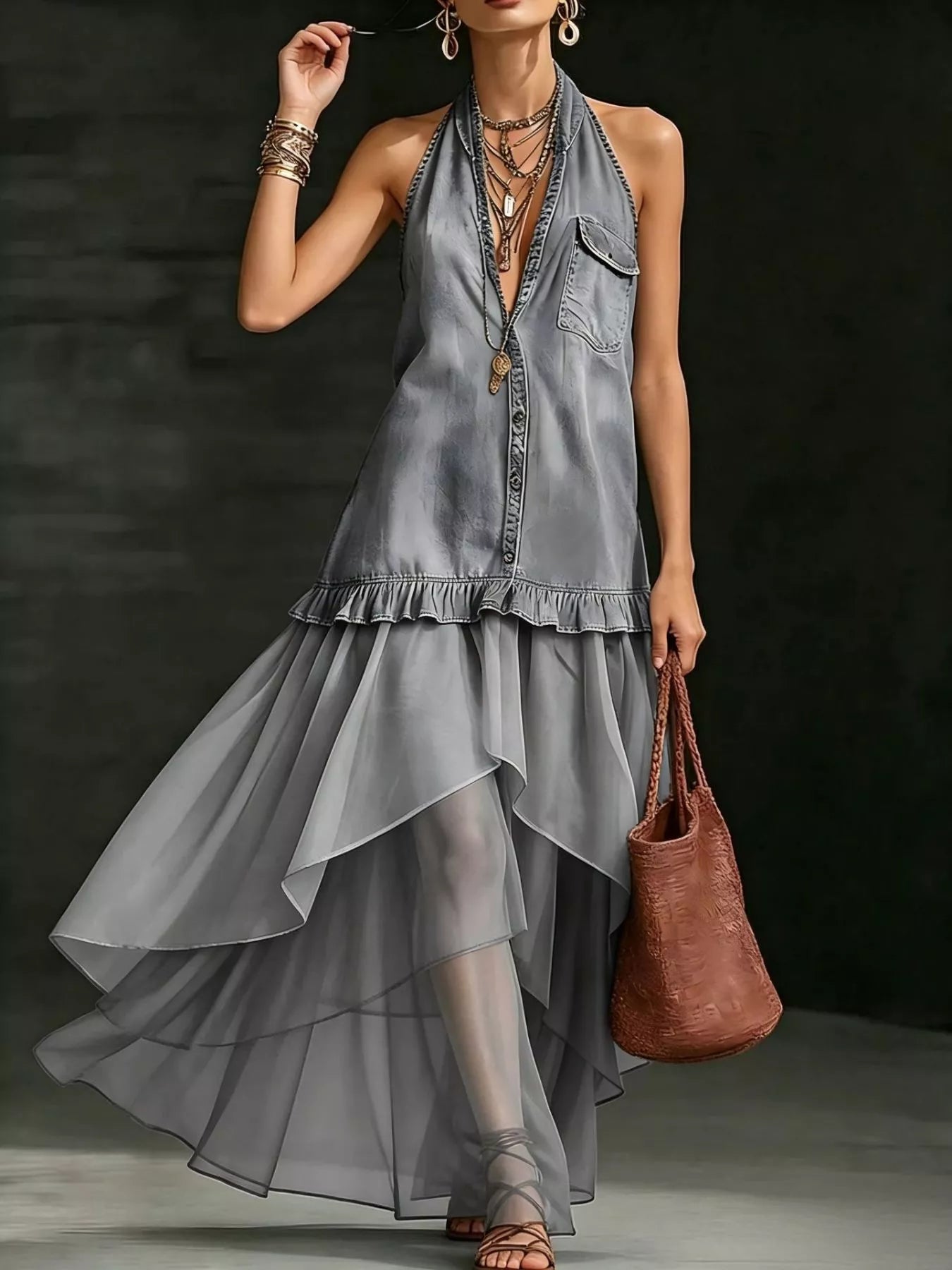 Maxikleid mit Rüschen und Neckholder