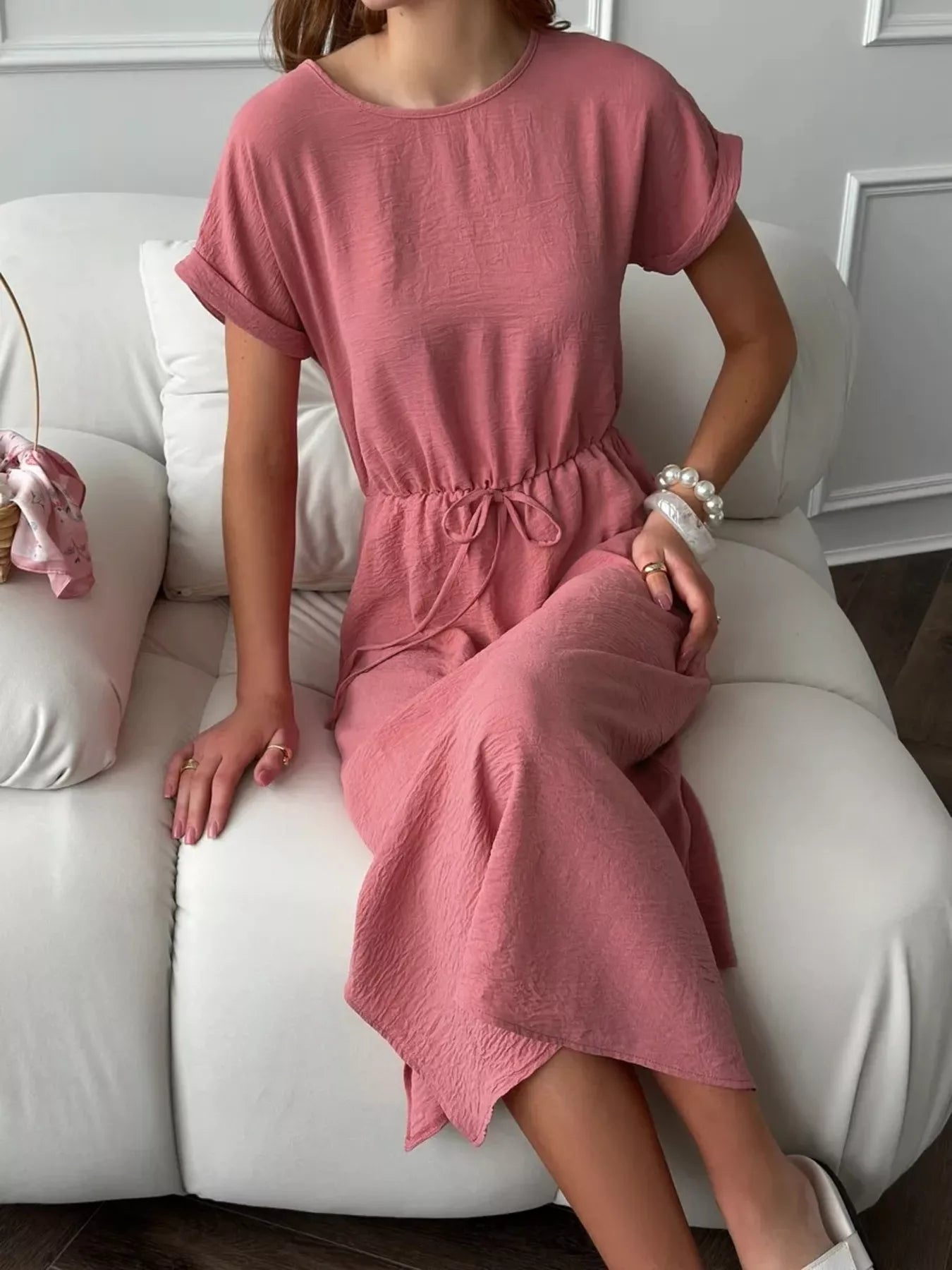 Casual Drawstring Waist Midi Dress