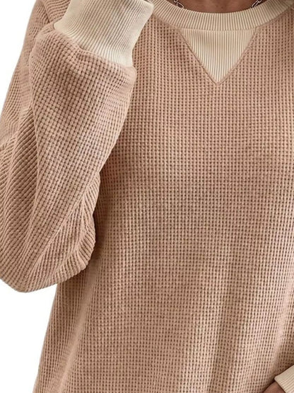 Waffle Knit Crew Neck Long Sleeve Sweatshirt