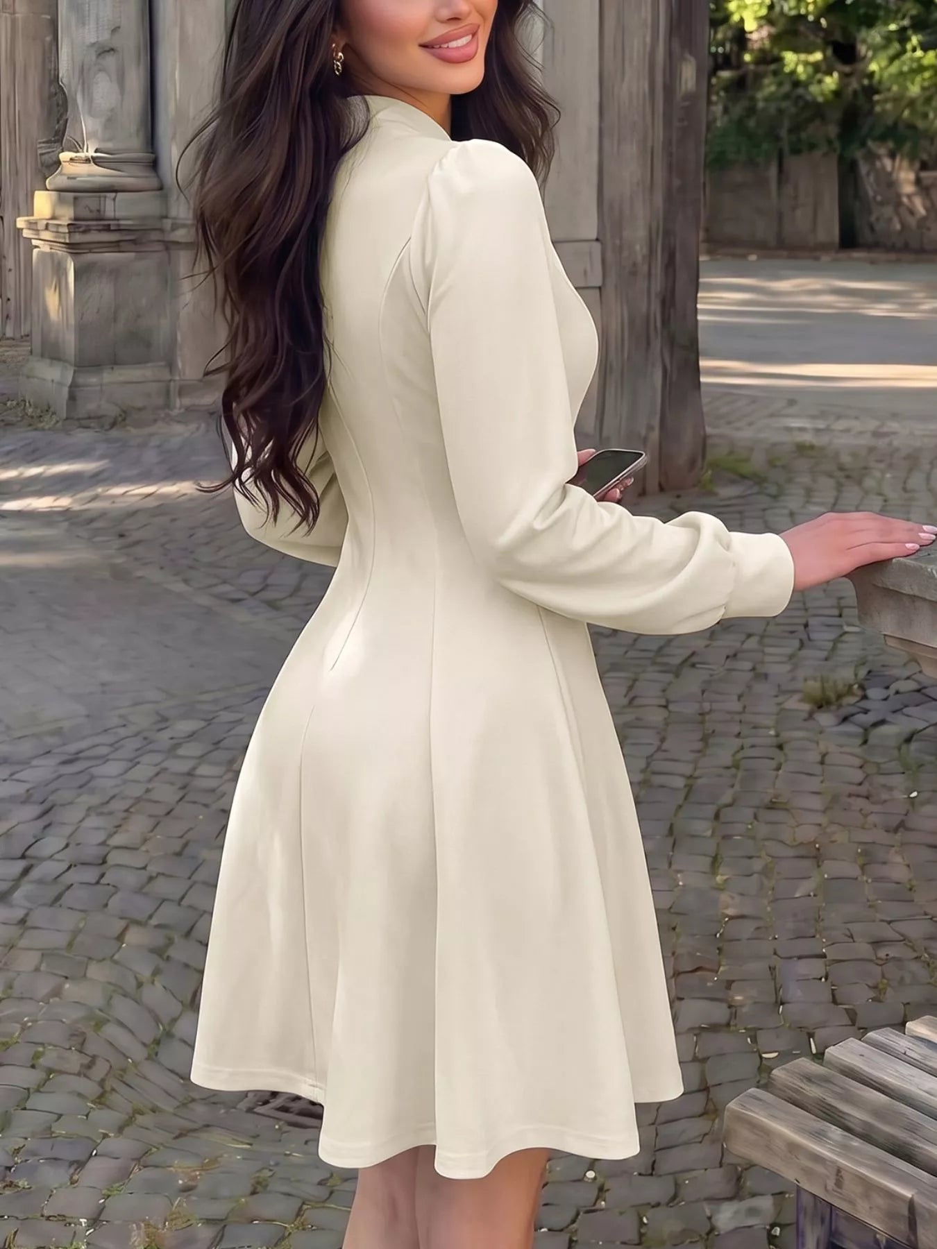 Keyhole Neckline Long Sleeve A-Line Mini Dress