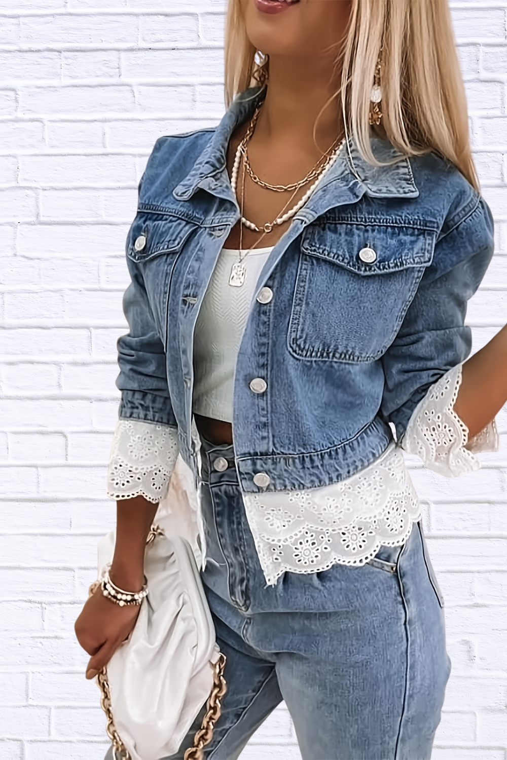 Cropped Denim Jacket with Lace Trim