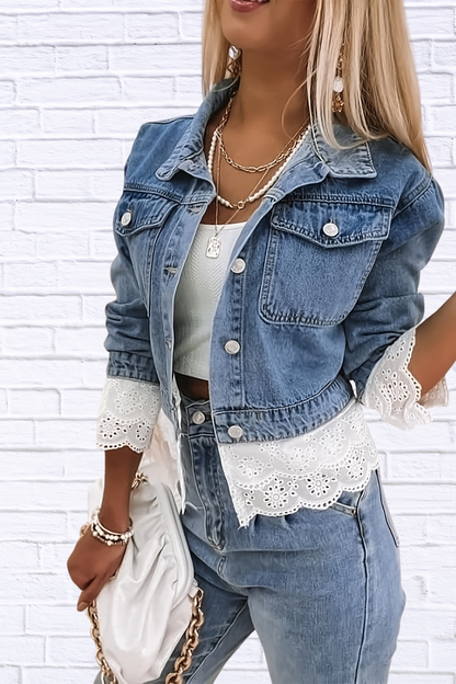 Cropped Denim Jacket with Lace Trim