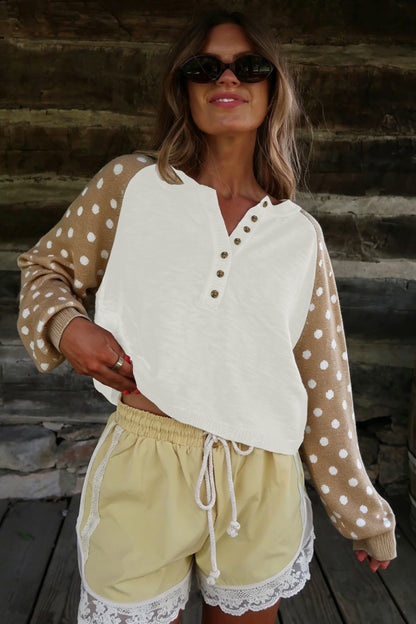 Khaki Polka Dot Contrast Long Sleeve Button V Neck Sweater