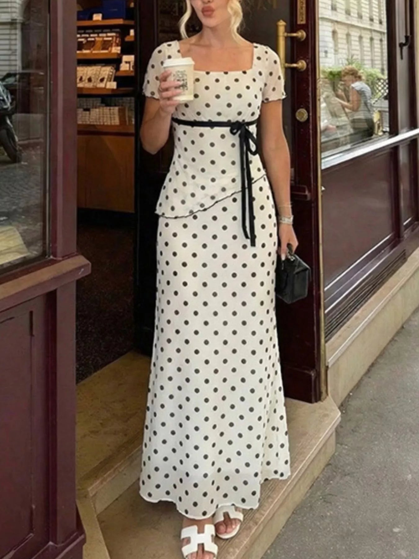 Polka Dot Square Neck Top and Skirt Set