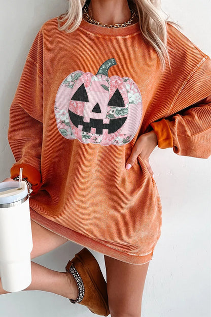 Patchwork Pumpkin Graphic Corded Ribbed Round Neck Tunic Sweatshirt