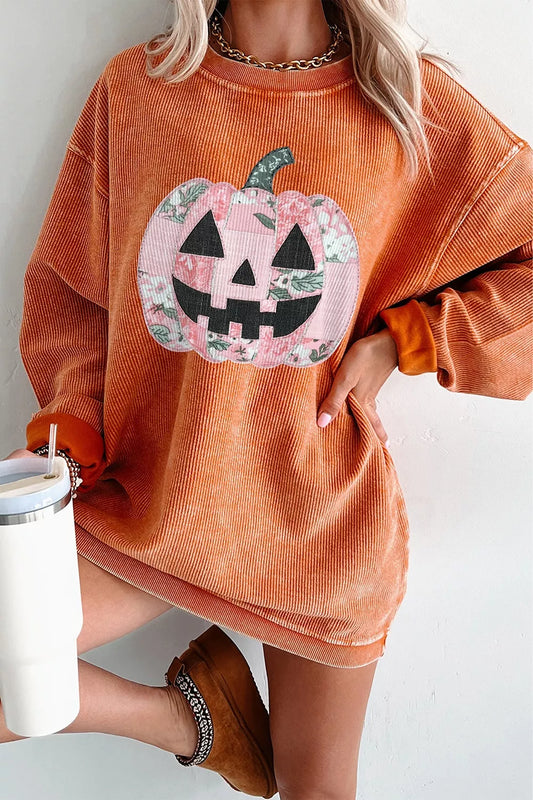 Patchwork Pumpkin Graphic Corded Ribbed Round Neck Tunic Sweatshirt