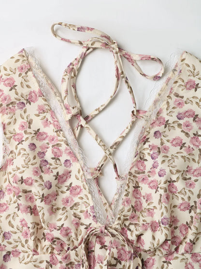 Floral Print Lace Trim Tie Front Dress
